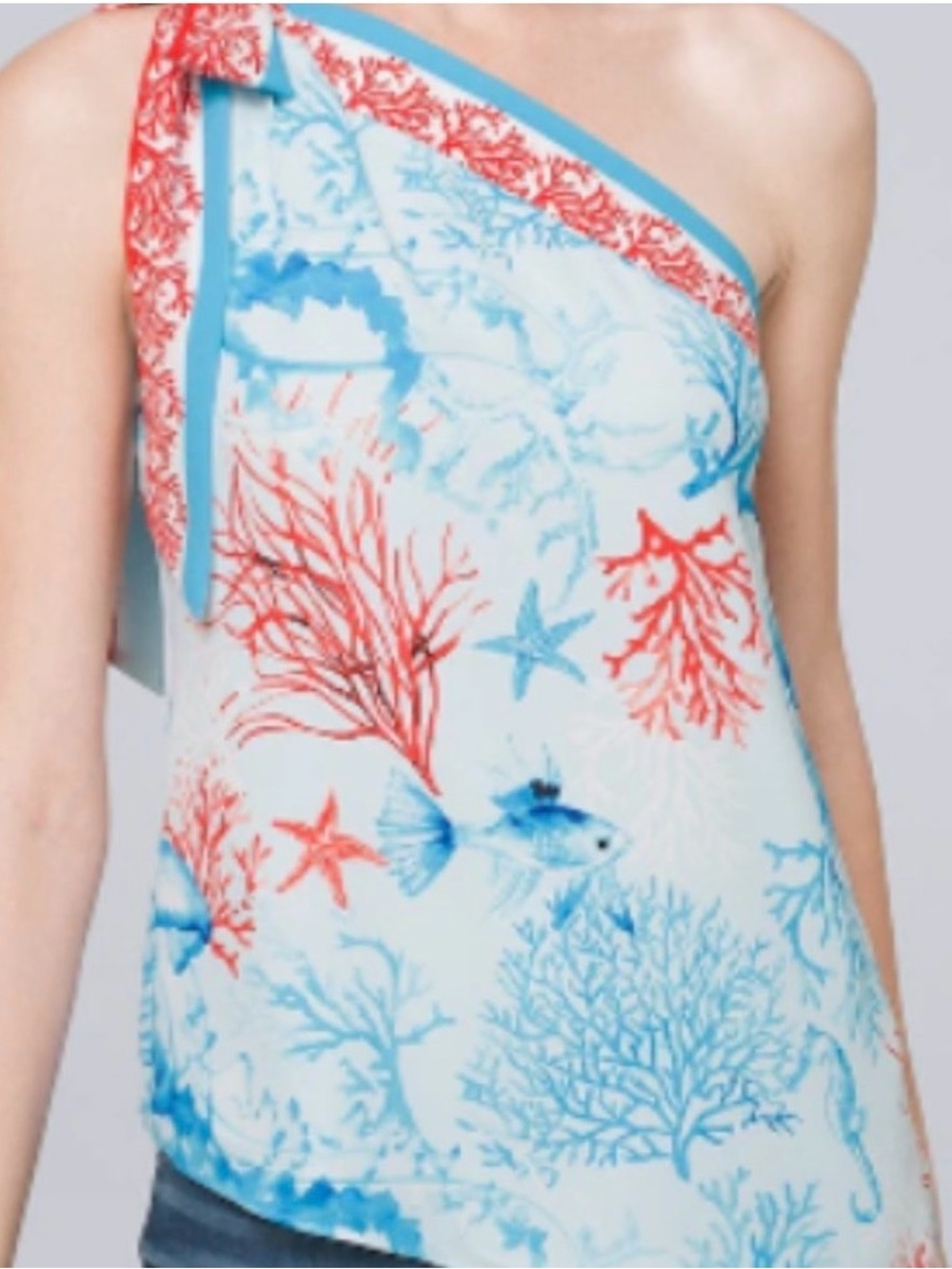 WHBM Azul Claro One-Shoulder Seashell Print Top in Blue & Coral